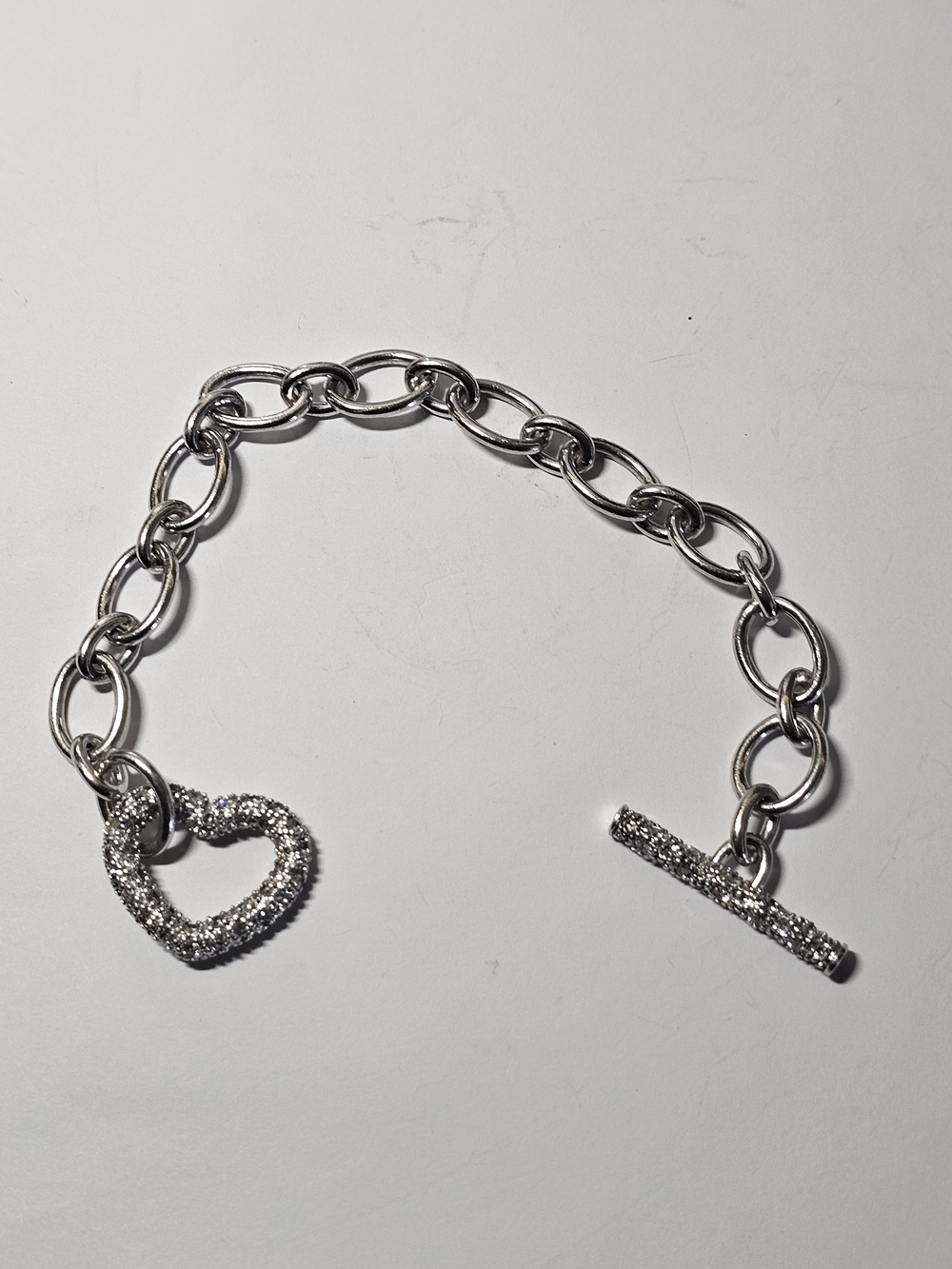Sterling Silver Heart Toggle Chain Bracelet With CZ Stones 7in Length